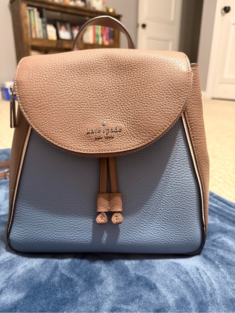 kate spade Pebbled Leather Colorblock Backpack in Taupe and Light Blue